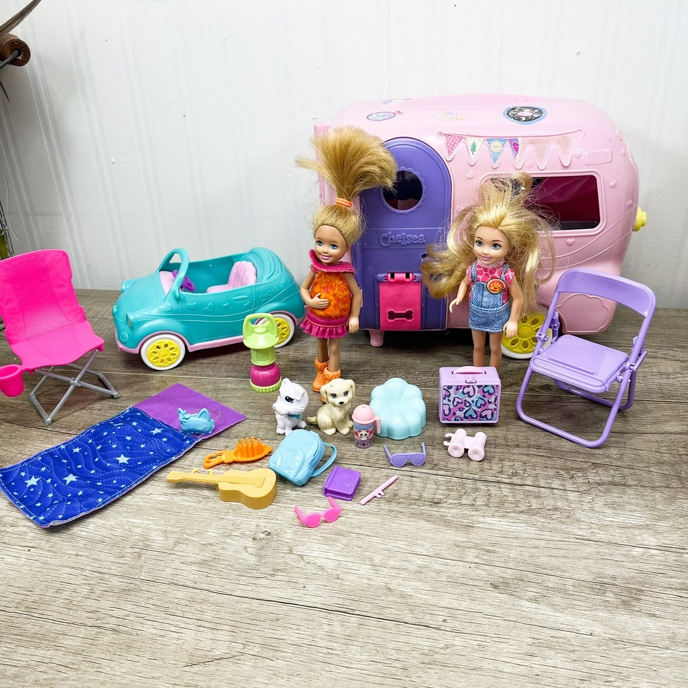 Barbie Club Chelsea Camper Playset with Car 2 Dolls Dogs and Accessories Lot